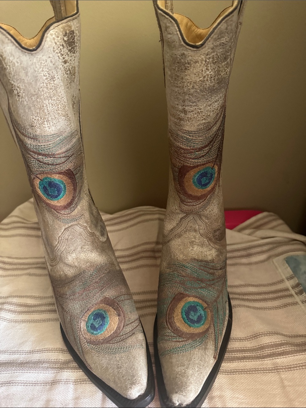 Peacock Embroidered Beige Leather Western Cowboy Boots